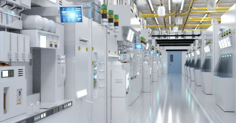 Modern semiconductor fabrication facility with rows of automated chip manufacturing equipment.