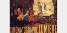 Vintage Cinématographe Lumière poster showing an audience watching an early film projection