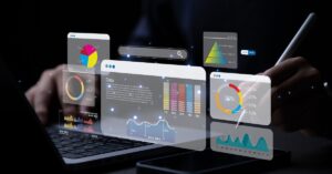 Digital advertising analytics dashboards displayed over a laptop and tablet.