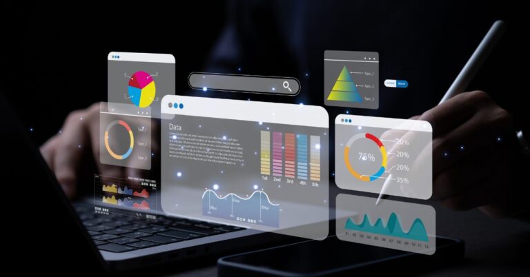 Digital advertising analytics dashboards displayed over a laptop and tablet.