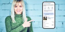 Google AI checkout is rolling out to eligible Shopify merchants Woman pointing to a Google AI shopping checkout screen showing a “Buy for me” purchase in progress.