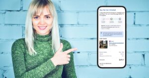 Woman pointing to a Google AI shopping checkout screen showing a “Buy for me” purchase in progress.