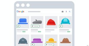 Google merchant listings showing products with pricing and store information.