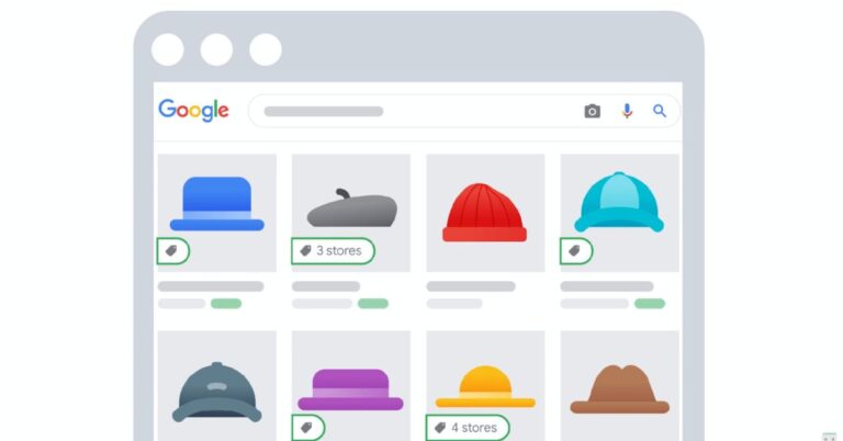 Google merchant listings showing products with pricing and store information.