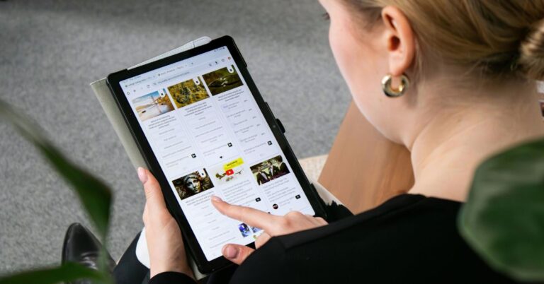 Woman browsing Google Search on a tablet.