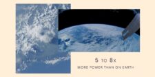 Project Suncatcher visual showing Earth from orbit beside a satellite solar panel with the text “5 to 8x more power than on Earth.”