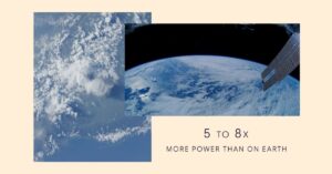 Project Suncatcher visual showing Earth from orbit beside a satellite solar panel with the text “5 to 8x more power than on Earth.”