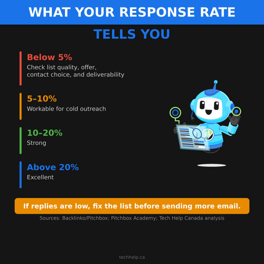 Guest post outreach response-rate benchmark graphic showing what reply rates below 5%, 5&ndash;10%, 10&ndash;20%, and above 20% can indicate.