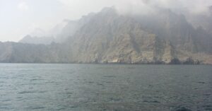 Musandam Peninsula mountains rising above the sea near the Strait of Hormuz
