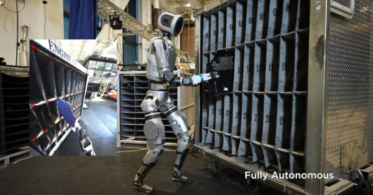 Boston Dynamics Atlas humanoid robot performing parts-sequencing work in a factory training environment.