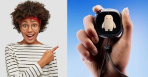 Meta Muse Charm pocket AI device shown in a hand beside a person pointing toward it.