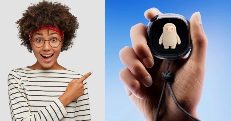 Meta Muse Charm pocket AI device shown in a hand beside a person pointing toward it.
