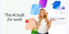 Woman standing in front of Microsoft 365 Copilot interface graphics and workplace app icons.