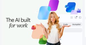 Woman standing in front of Microsoft 365 Copilot interface graphics and workplace app icons.