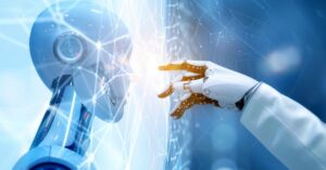 Humanoid robot reaching toward a glowing digital network interface representing AI agent activity.