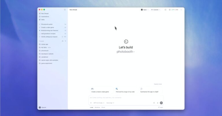 OpenAI Codex Desktop interface showing a local coding workspace and task options.