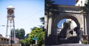 Warner Bros. water tower beside the Paramount Pictures studio gate.