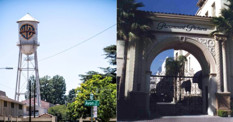 Warner Bros. water tower beside the Paramount Pictures studio gate.