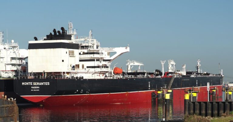 Crude oil tanker Monte Serantes docked at a shipping terminal
