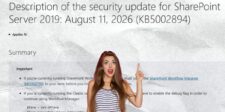 Microsoft SharePoint Server 2019 security update page with a woman pointing toward the advisory headline.
