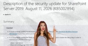 Microsoft SharePoint Server 2019 security update page with a woman pointing toward the advisory headline.