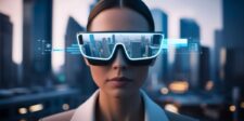 Woman wearing futuristic smart glasses with a city skyline reflected in the lenses.