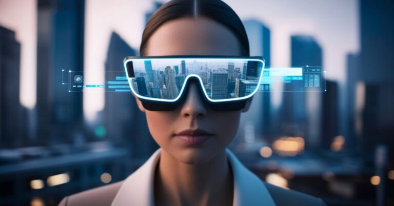 Woman wearing futuristic smart glasses with a city skyline reflected in the lenses.
