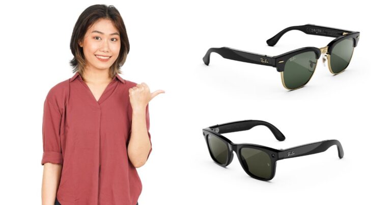 Ray-Ban Meta smart glasses shown side by side, including camera-equipped and audio-only models.