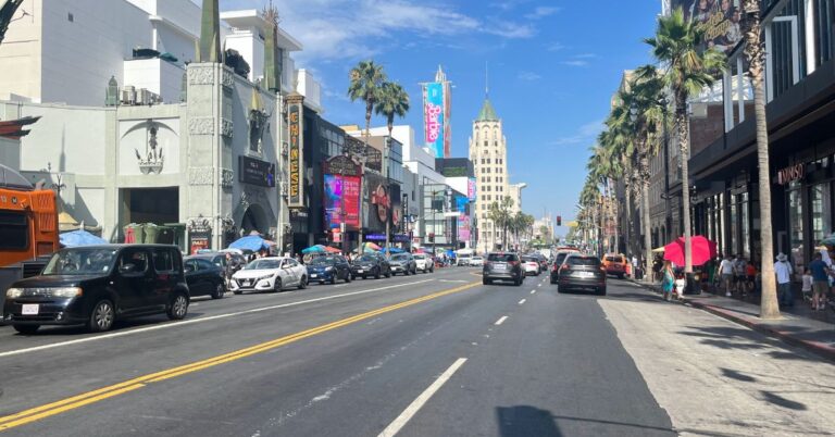 Hollywood Boulevard in Los Angeles with theaters, palm trees, traffic, and pedestrians.