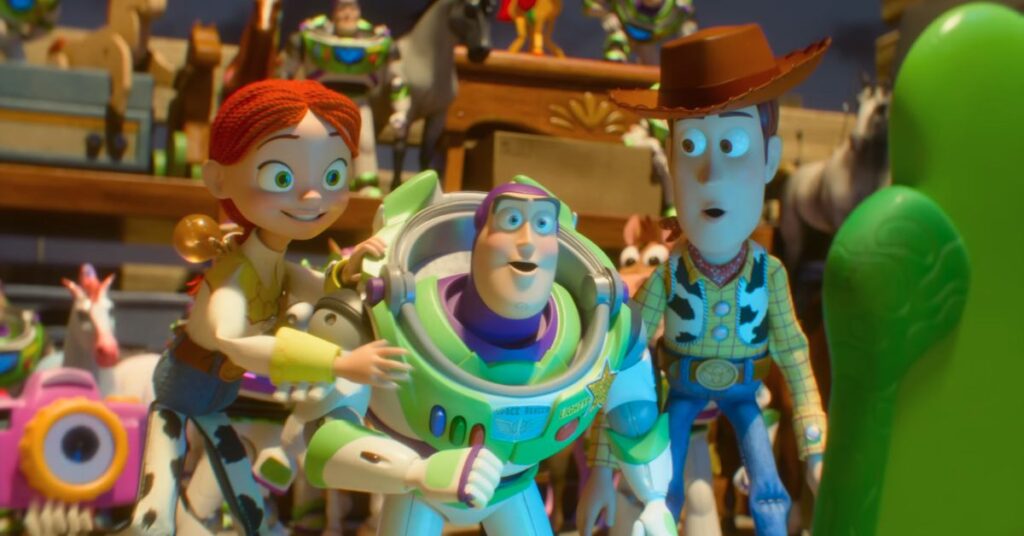 Jessie, Buzz Lightyear and Woody reacting to a tablet device in Toy Story 5.