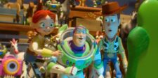 Jessie, Buzz Lightyear and Woody reacting to a tablet device in Toy Story 5.