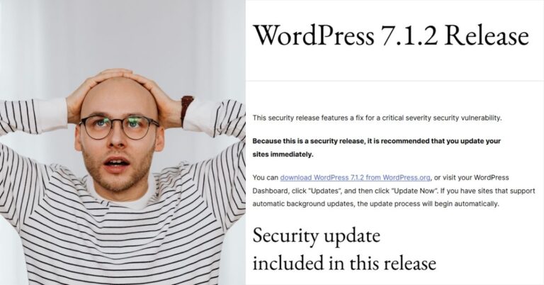 WordPress 7.1.2 security release notice beside a concerned website administrator.
