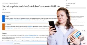 Adobe Commerce APSB26-153 security update page showing critical Magento patch guidance and a warning about a separate September hotfix.