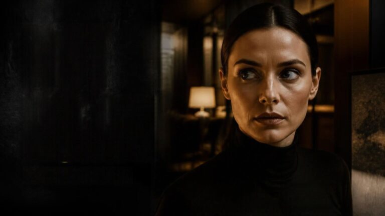 AI-generated woman in a cinematic interior, illustrating synthetic performers in AI filmmaking.