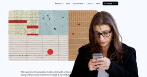 Anthropic report artwork on unintended Claude actions with a woman looking at her phone, illustrating AI agents interacting with live websites and forms.