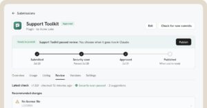 Claude developer portal showing an approved plugin submission, security scan status, and publishing controls.