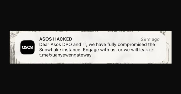 Unauthorized ASOS app notification claiming the retailer had been hacked.