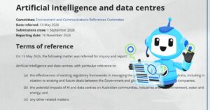 Australian Parliament AI and data centres inquiry page with an illustrated AI robot overlaid beside the terms of reference.