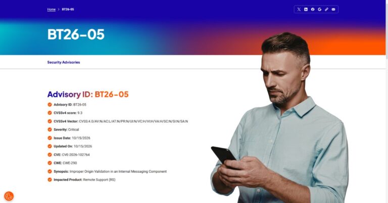 BeyondTrust BT26-05 security advisory showing critical CVE-2026-102764 affecting Remote Support, with a man looking at his phone.