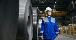 Steelworker standing beside a large steel coil inside a manufacturing plant, illustrating Canadian steel production and the shift toward domestic buyers.