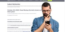 ConnectWise Cloud Backup advisory showing the October 20 service interruption update and unauthorized access investigation, with a man looking at his phone.