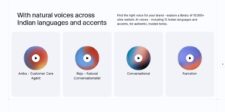 ElevenLabs voice library showing AI customer-care and conversational voices for Indian languages and accents.