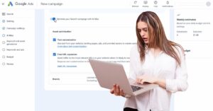 Concerned advertiser reviewing Google Ads AI Max campaign settings on a laptop.