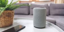 Gray smart speaker beside a phone and potted plant on a living-room table.