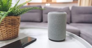 Gray smart speaker beside a phone and potted plant on a living-room table.