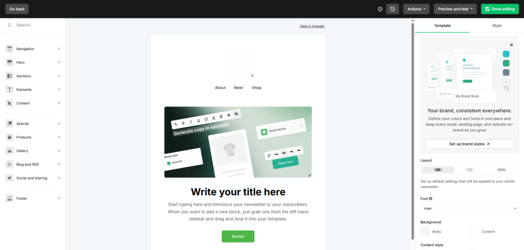 MailerLite email editor showing a drag-and-drop newsletter template with content blocks, brand styles, layout settings and preview controls.