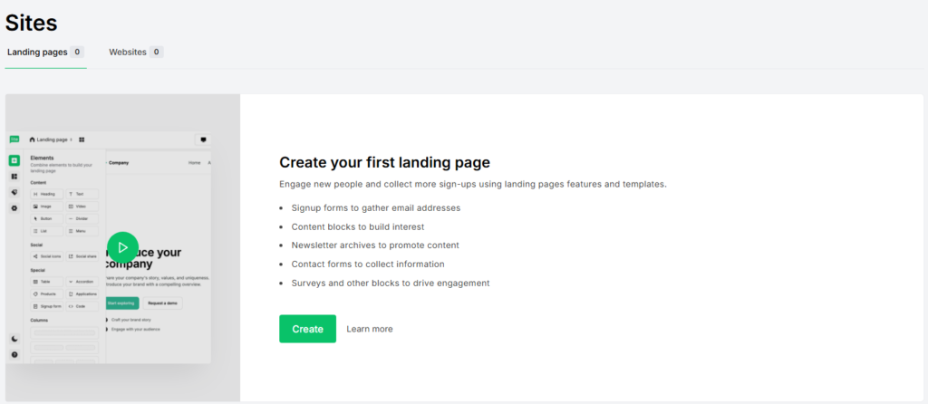 MailerLite Sites dashboard showing the landing page builder with options for forms, content blocks, surveys and other page elements.