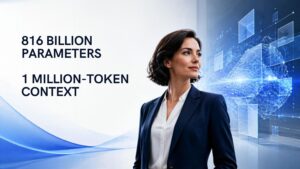 AI-generated illustration of a businesswoman beside a digital neural network, highlighting Meta’s Muse Spark Open model with 816 billion parameters and a 1 million-token context window.