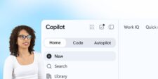Microsoft Copilot interface showing the new Home, Code and Autopilot sections beside a presenter.