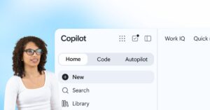 Microsoft Copilot interface showing the new Home, Code and Autopilot sections beside a presenter.